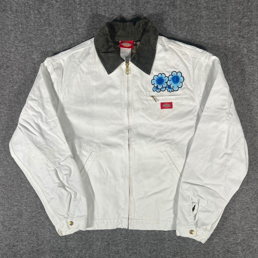Vtg Dickies White Flannel Lined Detroit Painters Jacket Floral Embroidery Large